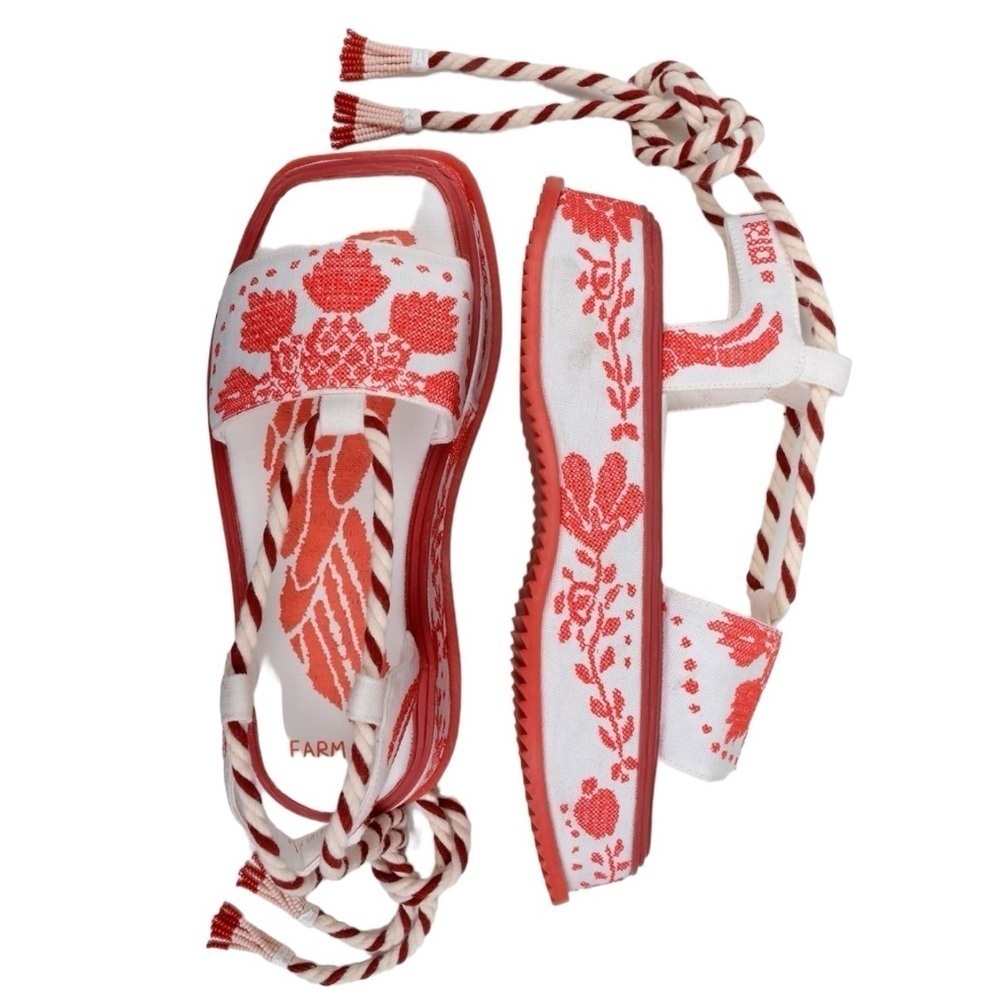 FARM RIO Red Embroidery Cross Stitch Flatform Ankle Lace Up Sandals NEW $285